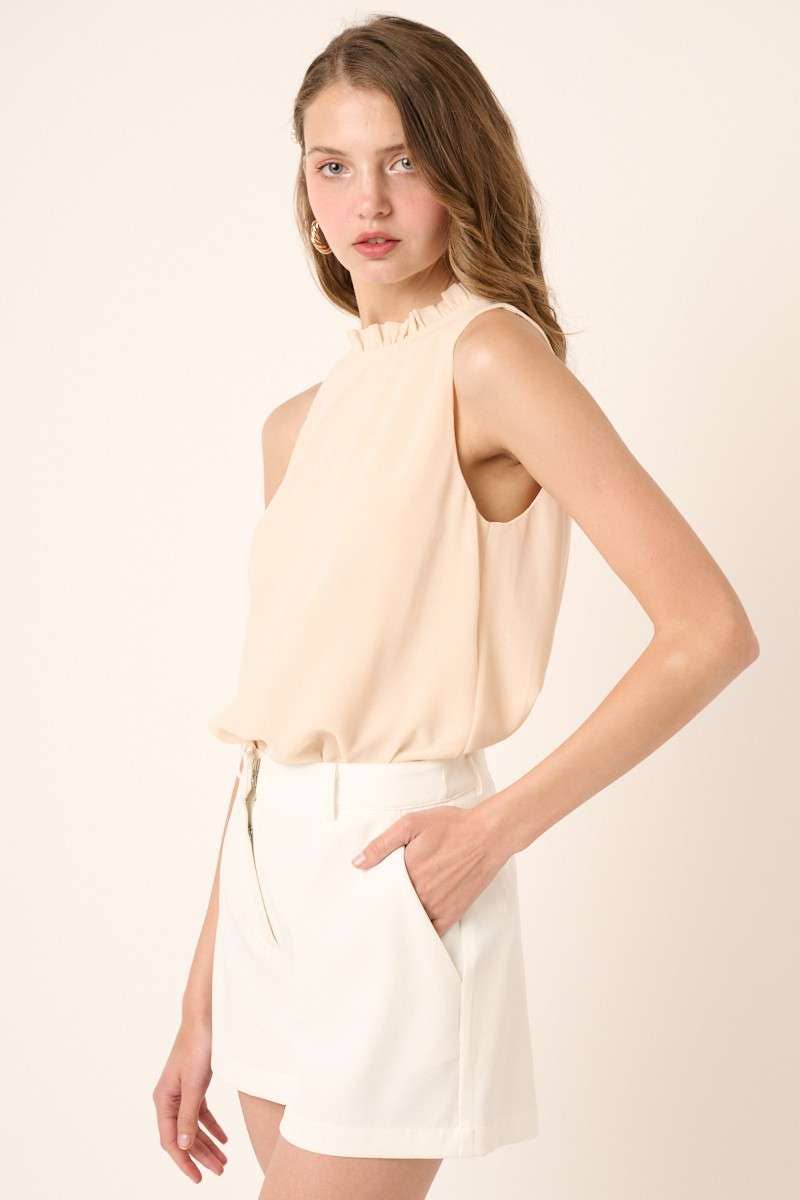 mittoshop - SOLID RUFFLE MOCK NECK SLEEVELESS BLOUSE