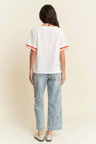 Davi & Dani plus size light denim straight fit stretch pants with peace patch graphic - The White Willow Boutique, Huntington WV