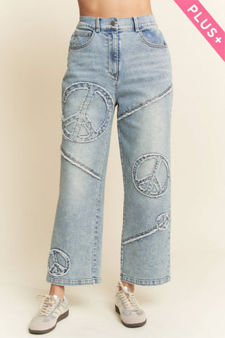 Davi & Dani plus size light denim straight fit stretch pants with peace patch graphic - The White Willow Boutique, Huntington WV
