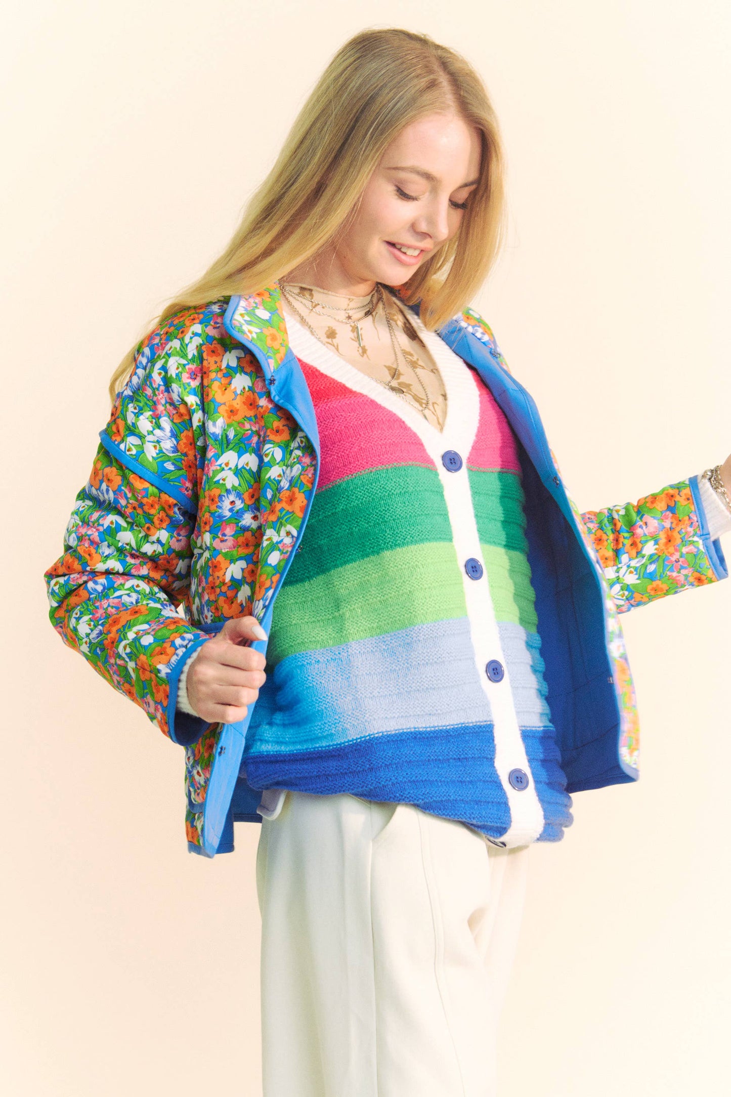 Davi & Dani - RETRO FLORAL PRINT CONTRAST BINDING PADDED JACKET