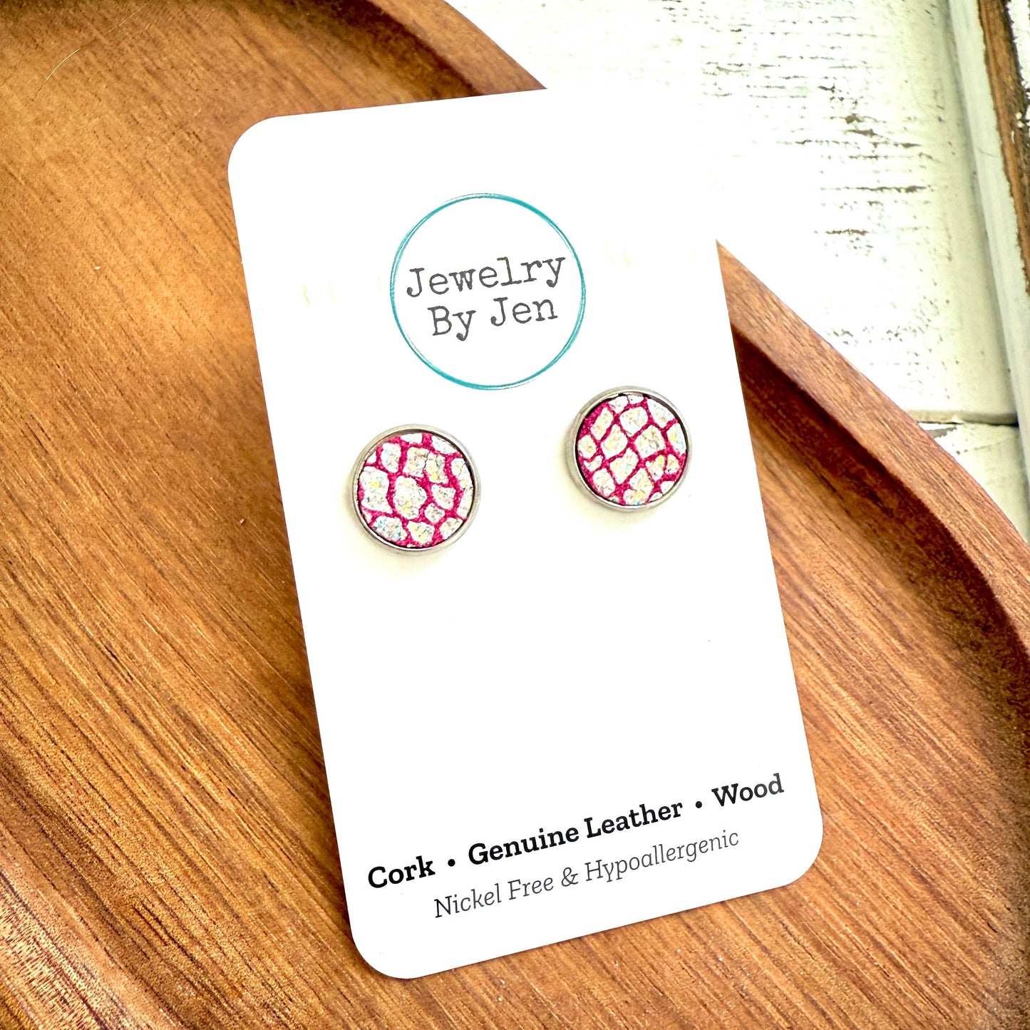Jewelry By Jen - Stud Earrings: Pink & Silver Crackle