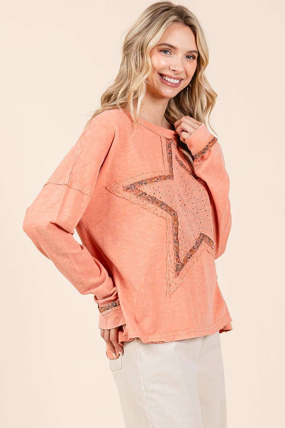 mittoshop - MINERAL WASH STAR PATCH LONG SLEEVE TOP