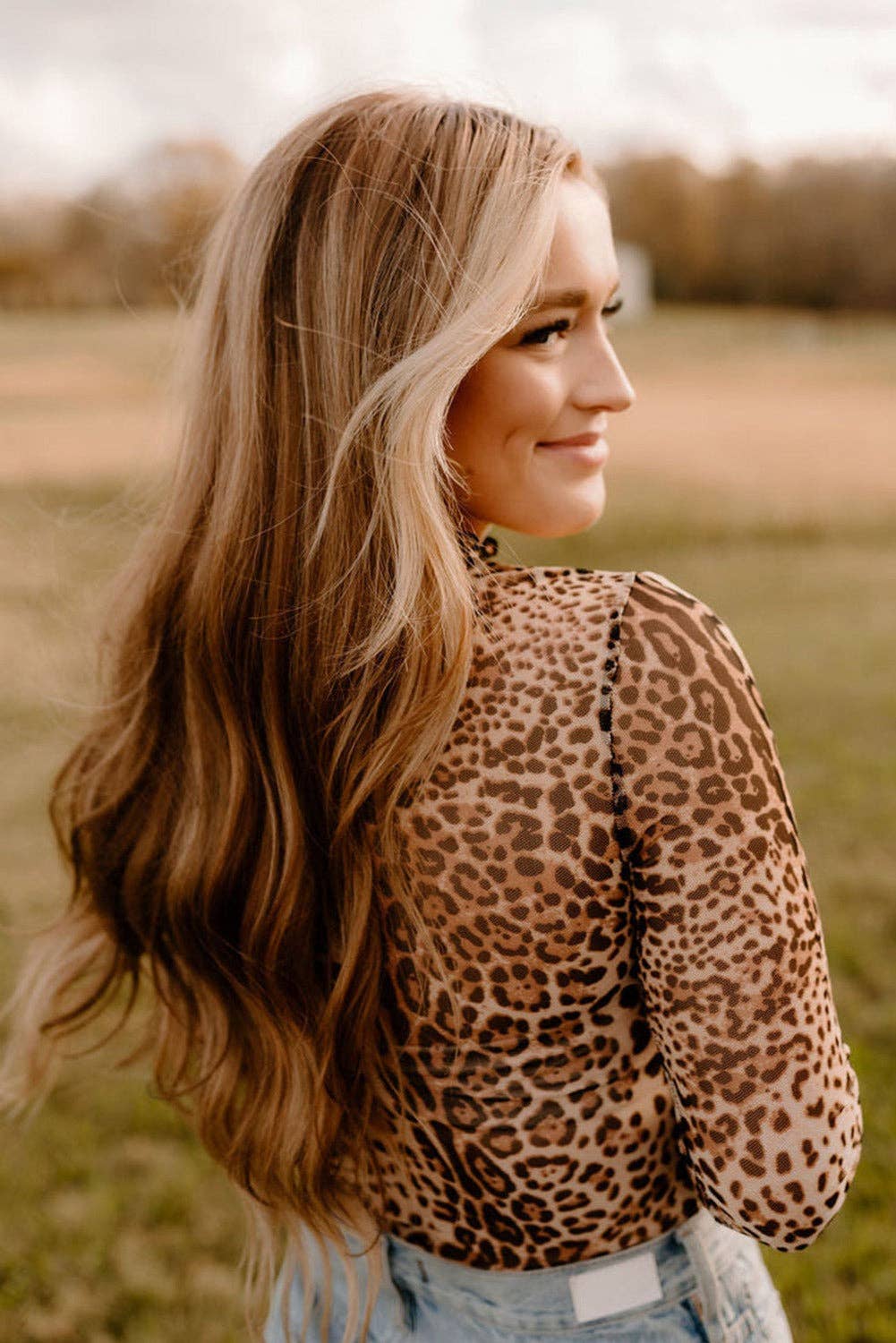 Lovesoft - Brown Leopard Smocked Neck Mesh Long Sleeve Bodysuit