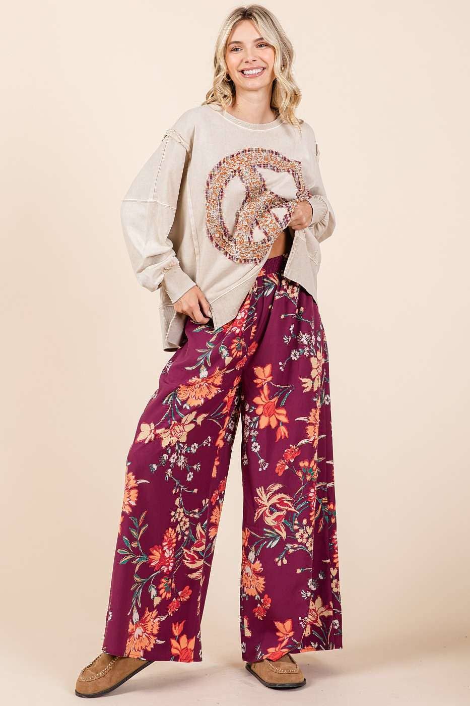 mittoshop - FLOWER PRINT ELASTIC WAIST MID RISE WIDE LEG PANTS