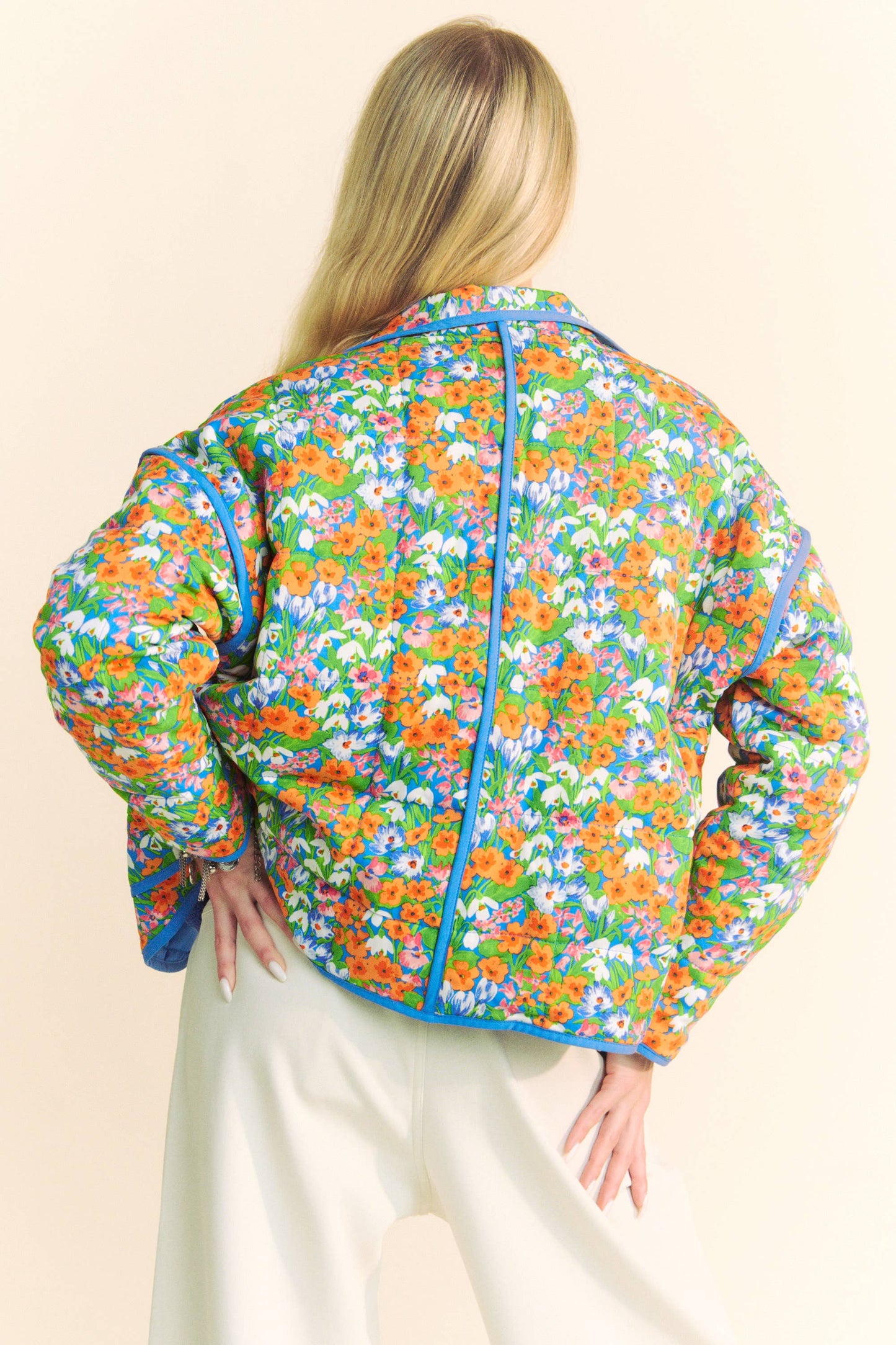 Davi & Dani - RETRO FLORAL PRINT CONTRAST BINDING PADDED JACKET