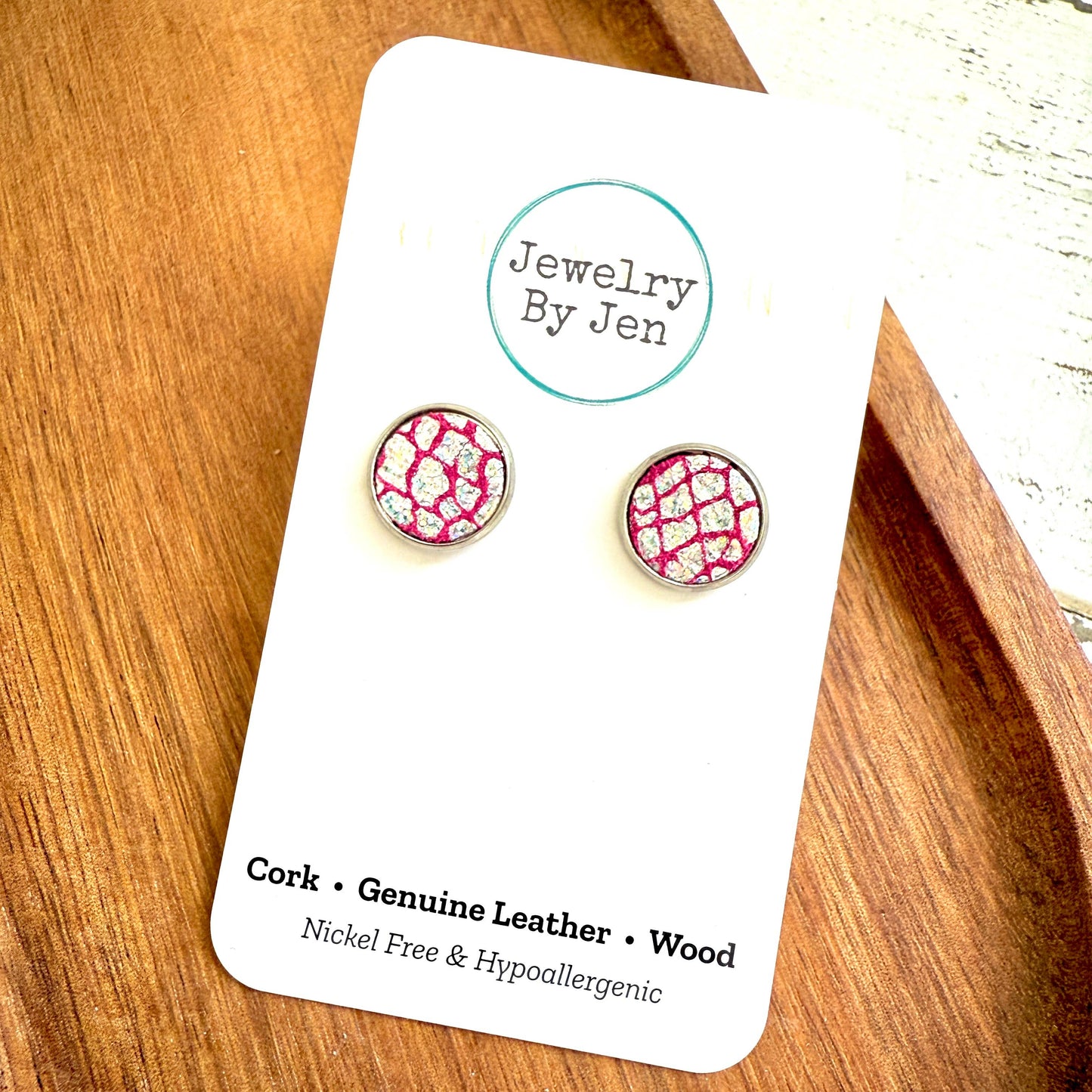 Jewelry By Jen - Stud Earrings: Pink & Silver Crackle